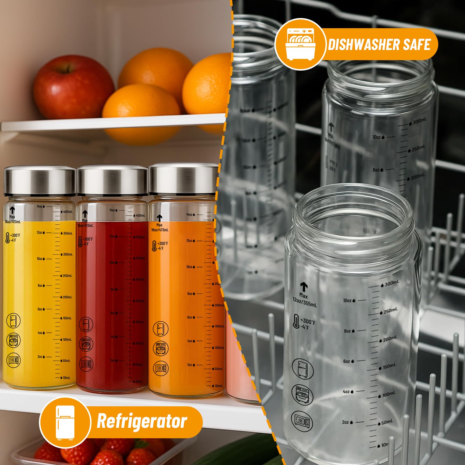 Luxfuel 12 oz Glass Juice Bottles with Lids, 4 Pack Wide Mouth Glass Bottle