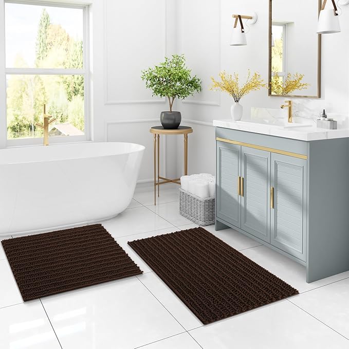 Arotive Luxury Chenille Bathroom Rug Mat, Extra Soft Thick Absorbent Shaggy Bath Rugs, Non-Slip Machine Wash Dry, Plush Bath Mats for Bathroom, Shower and Tub, 34x21, Brown