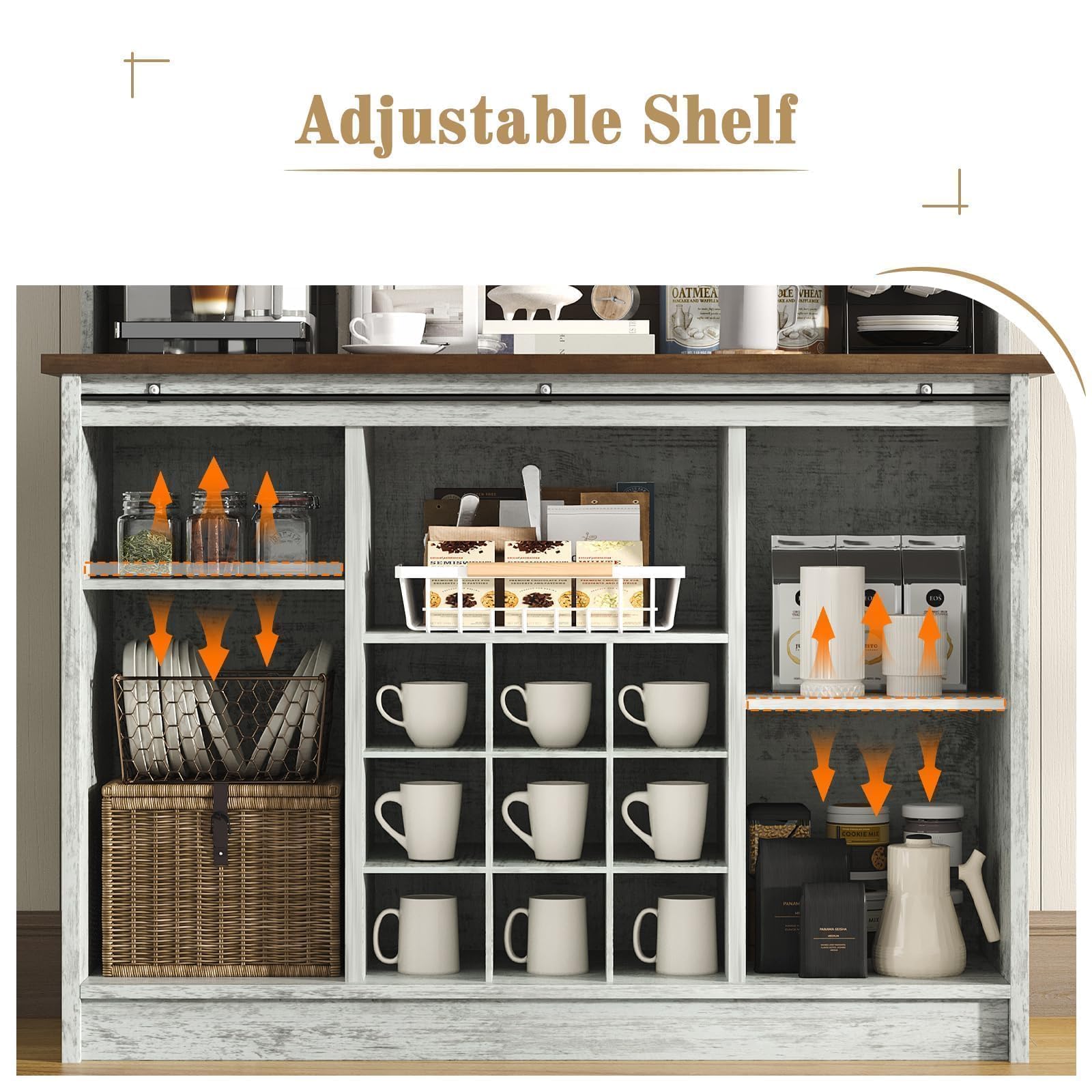 4 EVER WINNER 67-Inch Farmhouse Coffee Bar Cabinet with Storage, Grey