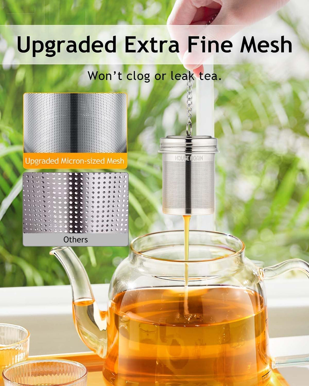HOUSE AGAIN Tea Infuser (2 Pack with Scoop), Extra Fine Mesh Tea Infusers for Loose Tea, 18/8 Stainless Steel Tea Strainer with Extended Chain Hook, Tea Steeper for Brew Tea, Spices & Seasonings