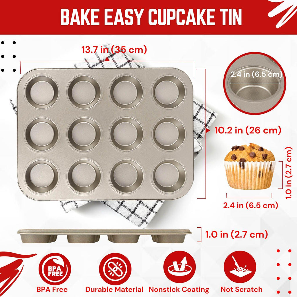 Flexzion 12-Cup Muffin Pans, Nonstick Carbon Steel Bakeware, Gold, 2-Pack