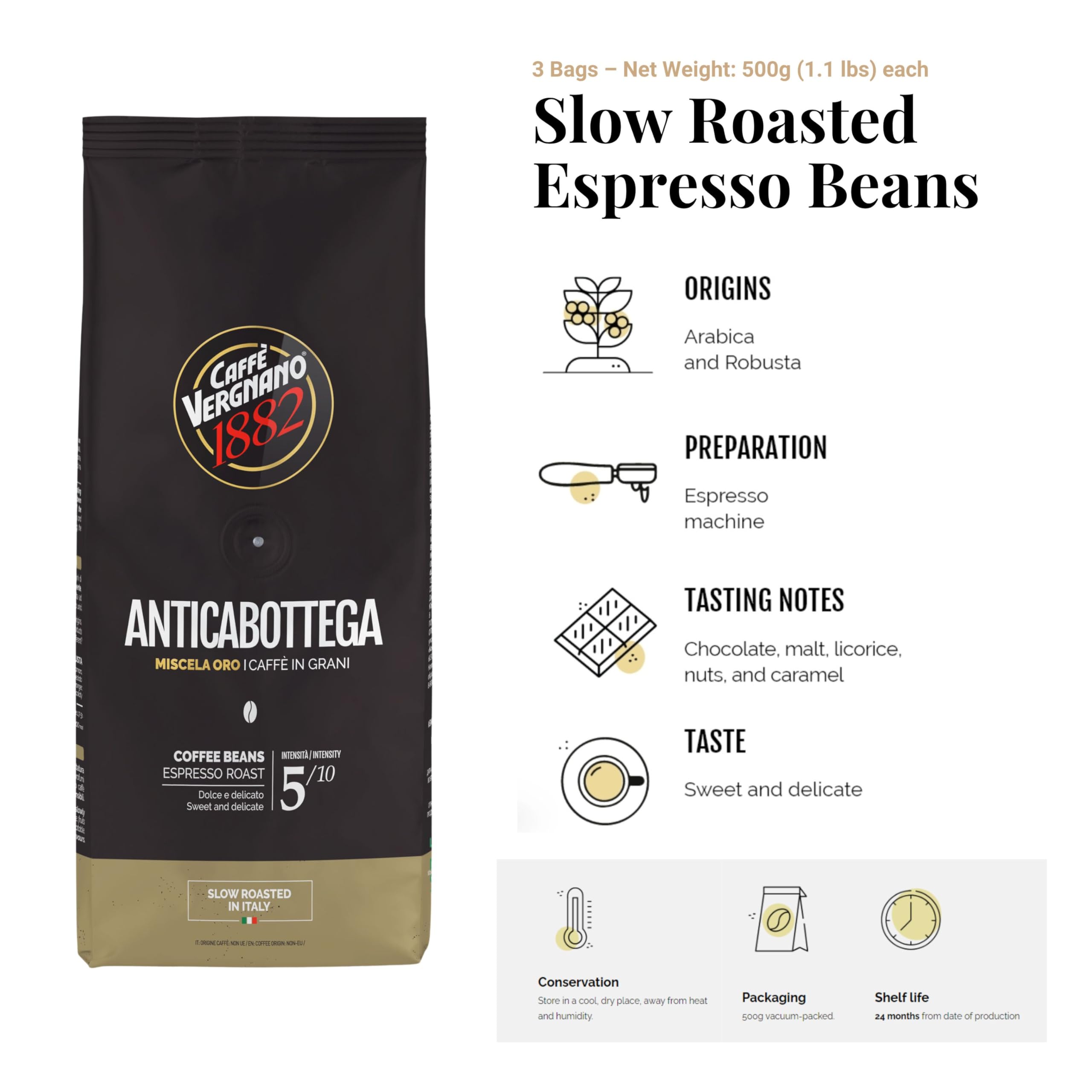 Caffe Vergnano Whole Bean Coffee, Espresso Beans, Antica Bottega