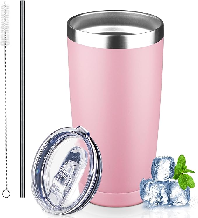 20 oz Tumbler with Lids and Straws, Stainless Steel Insulated Coffee Tumbler, Double Wall Vacuum Insulated Travel Mug Cup, Leakproof Thermal Coffee Cup for Hot and Cold Drinks (light pink)