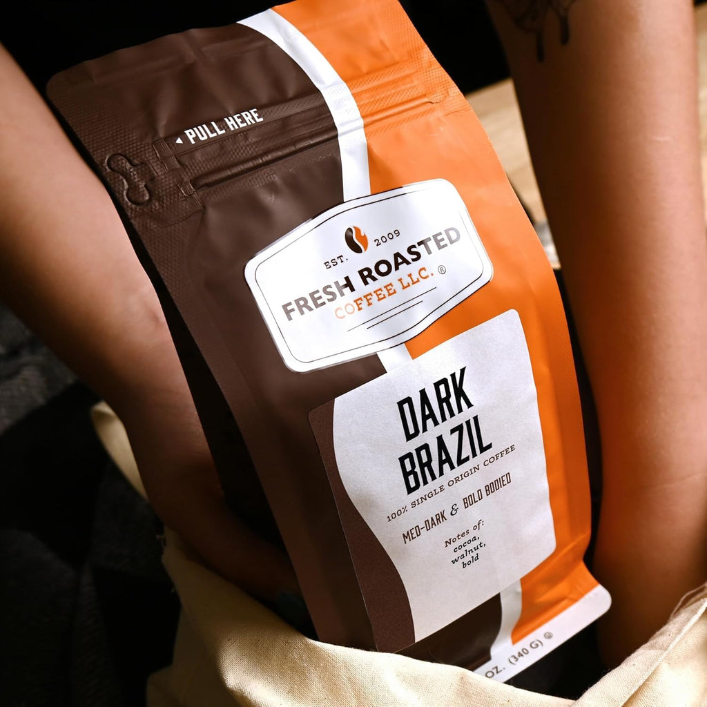 Fresh Roasted Coffee, Dark Brazil Drip Ground Coffee, Med-Dark Roast, Kosher, 12 oz