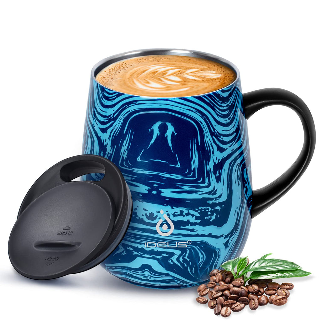 Ideus 16 oz Insulated Coffee Mug with Handle and Lid, Double Wall Stainless Steel Vacuum Thermal Coffee Mug, Travel Coffee Cup Thermal Cup for Home and Office, Blue Zebra