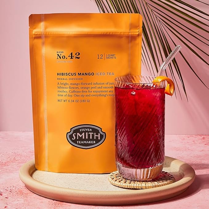 Steven Smith Teamaker Hibiscus Mango Iced Tea No. 42, Refreshing, Caffeine-Free, Sustainably Grown, Full Leaf Herbal Iced Tea, 10 Count, 1 Quart Sachets