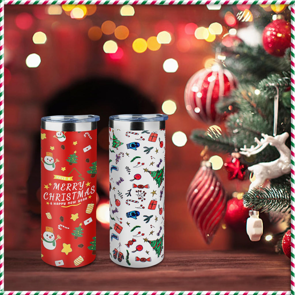 FristChoice 20oz Christmas Skinny Tumbler with Lid and Straw,Stainless Steel Vacuum Insulated Tumbler Cup Double Wall Travel Coffee Mug Christmas Gifts for Women Men(Xmas Elements,2)