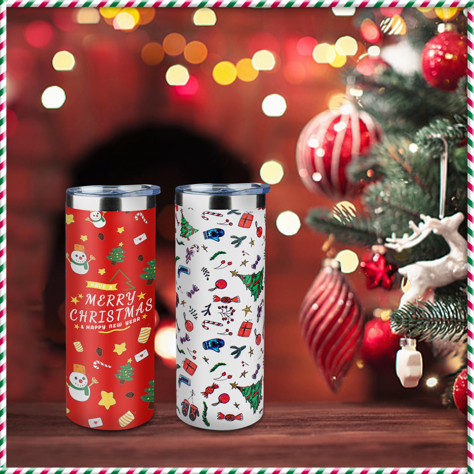 FristChoice 20oz Christmas Skinny Tumbler with Lid and Straw,Stainless Steel Vacuum Insulated Tumbler Cup Double Wall Travel Coffee Mug Christmas Gifts for Women Men(Xmas Elements,2)