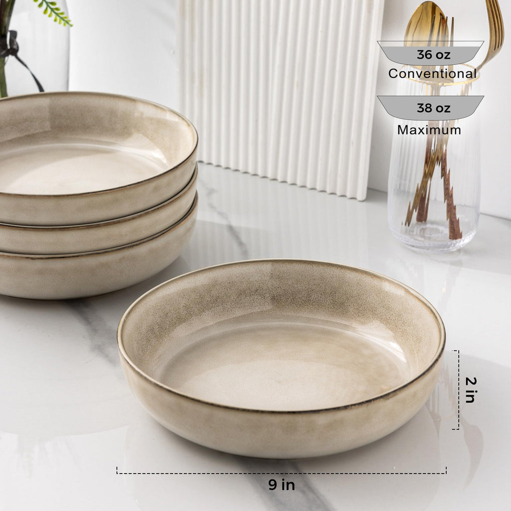 GBhome 8.75'' Large Ceramic Pasta Bowls, 38oz Stoneware Pasta Serving Bowls Set of 4 for Kitchen, Wide Bowls for Fruit,Pasta,Salad,Oatmeal,Meal, Microwave Safe, Reactive Glaze-Cappuccino