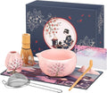 DELLAN Matcha Whisk Set, Cherry-Blossom Matcha Set Making Kit Includes Ceramic Matcha Bowl, Whisk and Holder, Bamboo Scoop, Scoop Rest, Sifter, Greeting Card and Tea Towel - 8 Pcs Matcha Set Pink