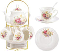 20-Pieces Porcelain Tea Sets For Women, Tea Set For Adult with Golden Metal Rack,Tea Gift Sets for Home&Party(012)
