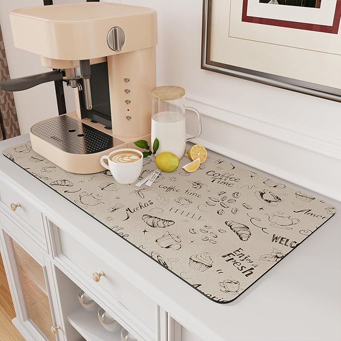 AMOAMI Coffee Mat - Hide Stain Rubber Backed Absorbent Dish Drying Mat for Kitchen Counter - Fits Under Coffee Maker - Khaki 12X19
