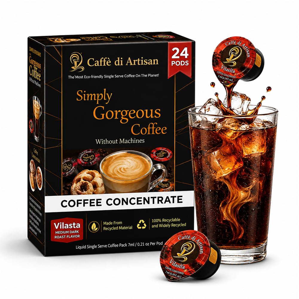 Caffè di Artisan Liquid Coffee Pods – Premium Single-Serve Coffee for Cold Brew concentrate, Iced Coffee & Hot Coffees – Machine-Free, Eco-Friendly, Ready in Seconds. Rich; Vilasita; Arabica; Medium Dark Roast – 24 Count..