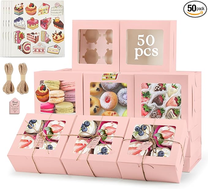 OAMCEG 50 Pack Cookie Boxes with Window, 6x6x3 Inches Pink Cupcake Boxes, Bakery Treat Boxes with Stickers & Twine for Pastry, Desserts, Strawberries, Cupcakes, Gift Giving