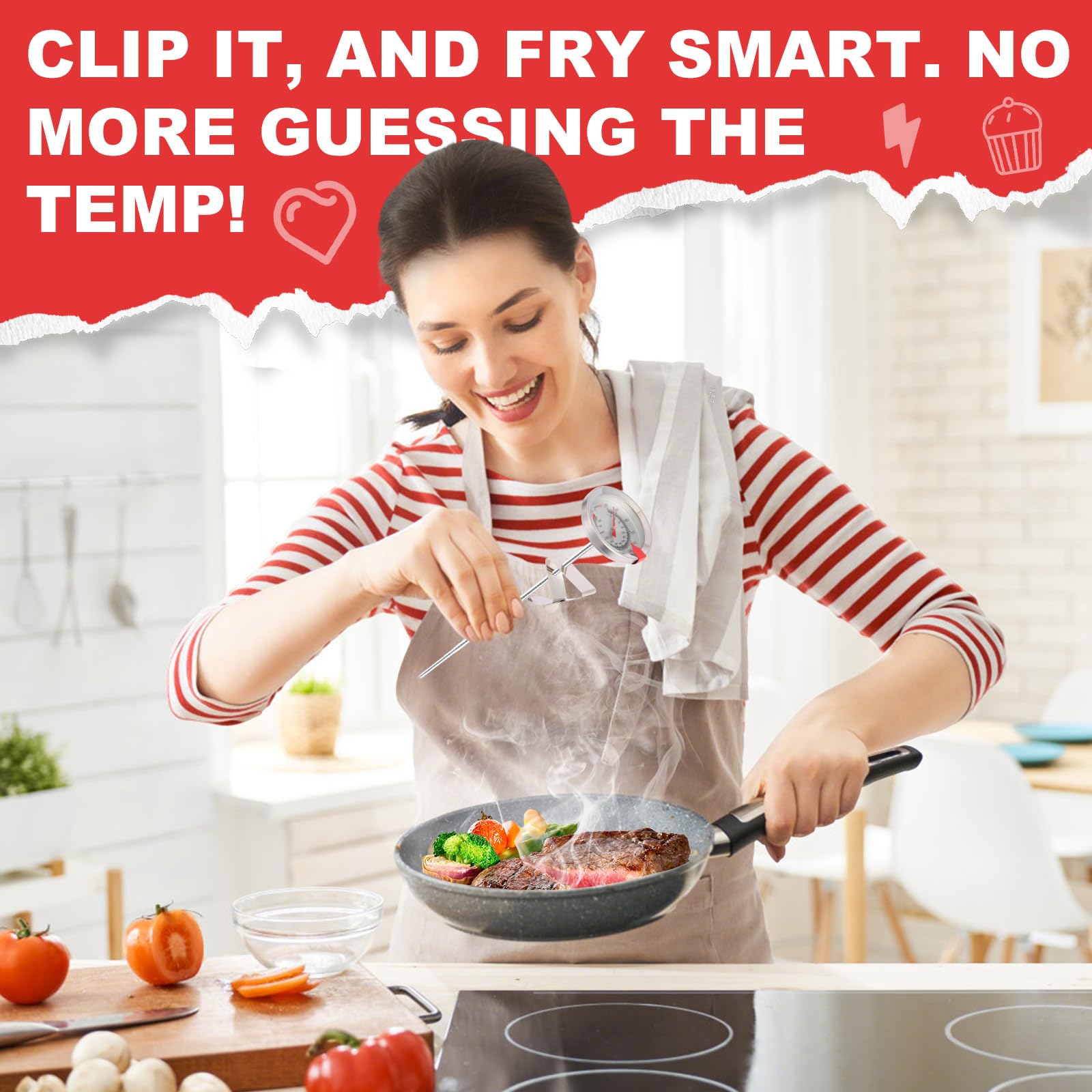 Telead Candy Thermometer Waterproof IP67 - Oil Thermometer for Frying with Clips - 9" Side of Pot Thermometer Deep Fry for Oil Candy Candle BBQ - Silver
