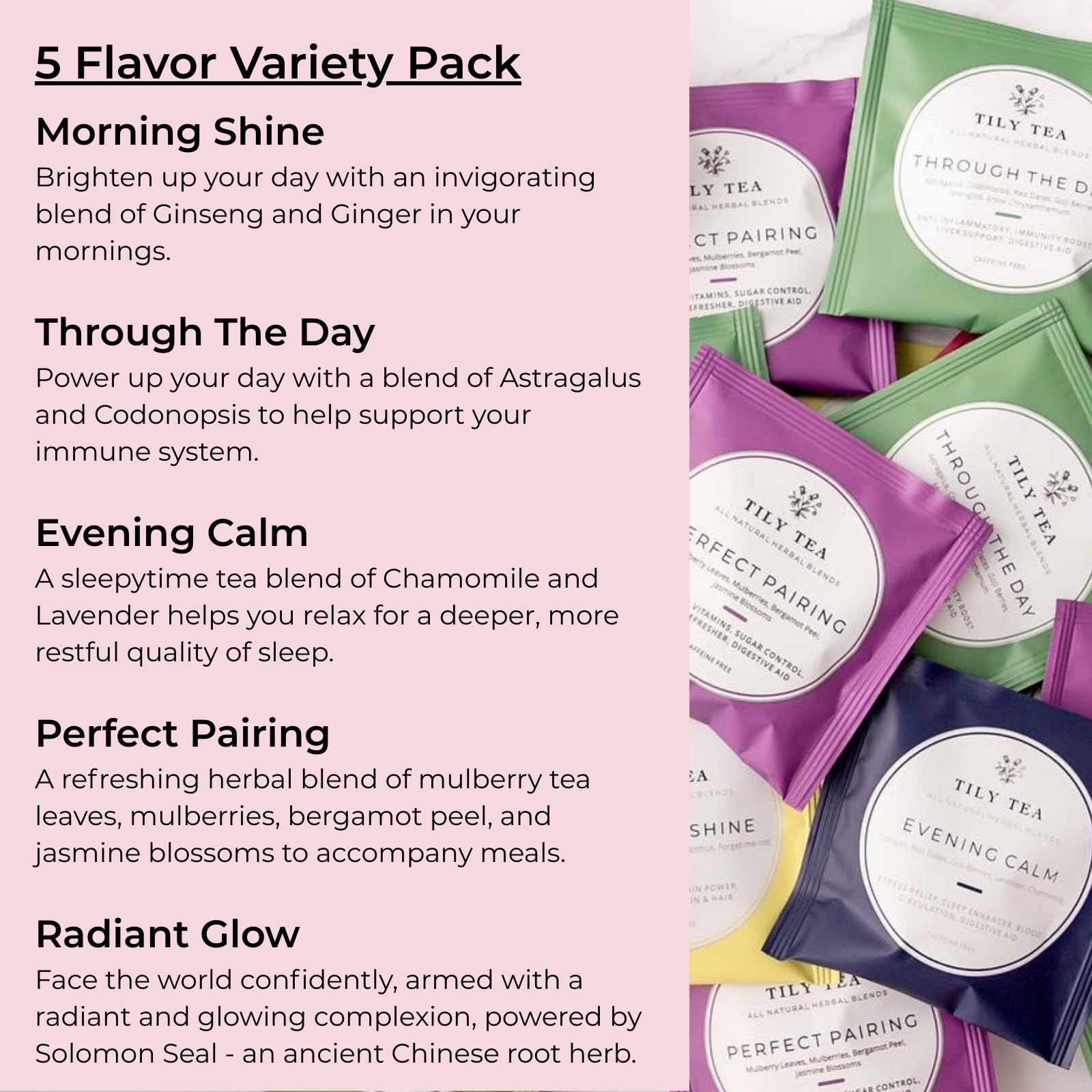 Tily Tea Assorted Herbal Tea Box - 5 Flavors of Caffeine-Free Tea - Morning Shine, Through the Day, Evening Calm, Perfect Pairing, Radiant Glow - 10 Plastic-Free Pyramid Tea Bags