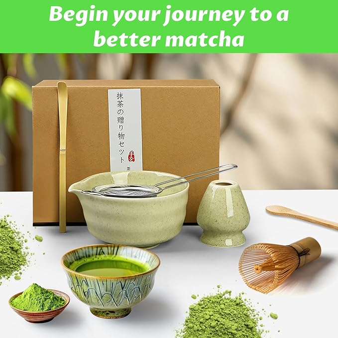 Matcha Set, 6 Pcs Matcha Whisk Set with 20 oz Bowl, Bamboo Whisk for Matcha Tea, Matcha Bowl, Ceramic Matcha whisk Holder, Stainless Sifter and Scoop - Gift for matcha kit Lovers（Green）