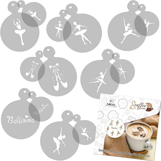 NAKLEO Coffee Stencils and Cookies Decoration 14Pcs 2.8”x2.8” and 4.3”x4.3”, Reusable Plastic Baking Templates, Barista DIY Art Craft, Capuccino Latte Chocolate Cake Biscuit