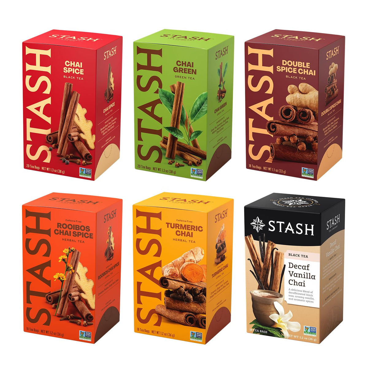 Stash Tea Soothing Herbal Tea 6 Flavor Variety Pack, 6 Boxes With 18-20 Tea Bags Each