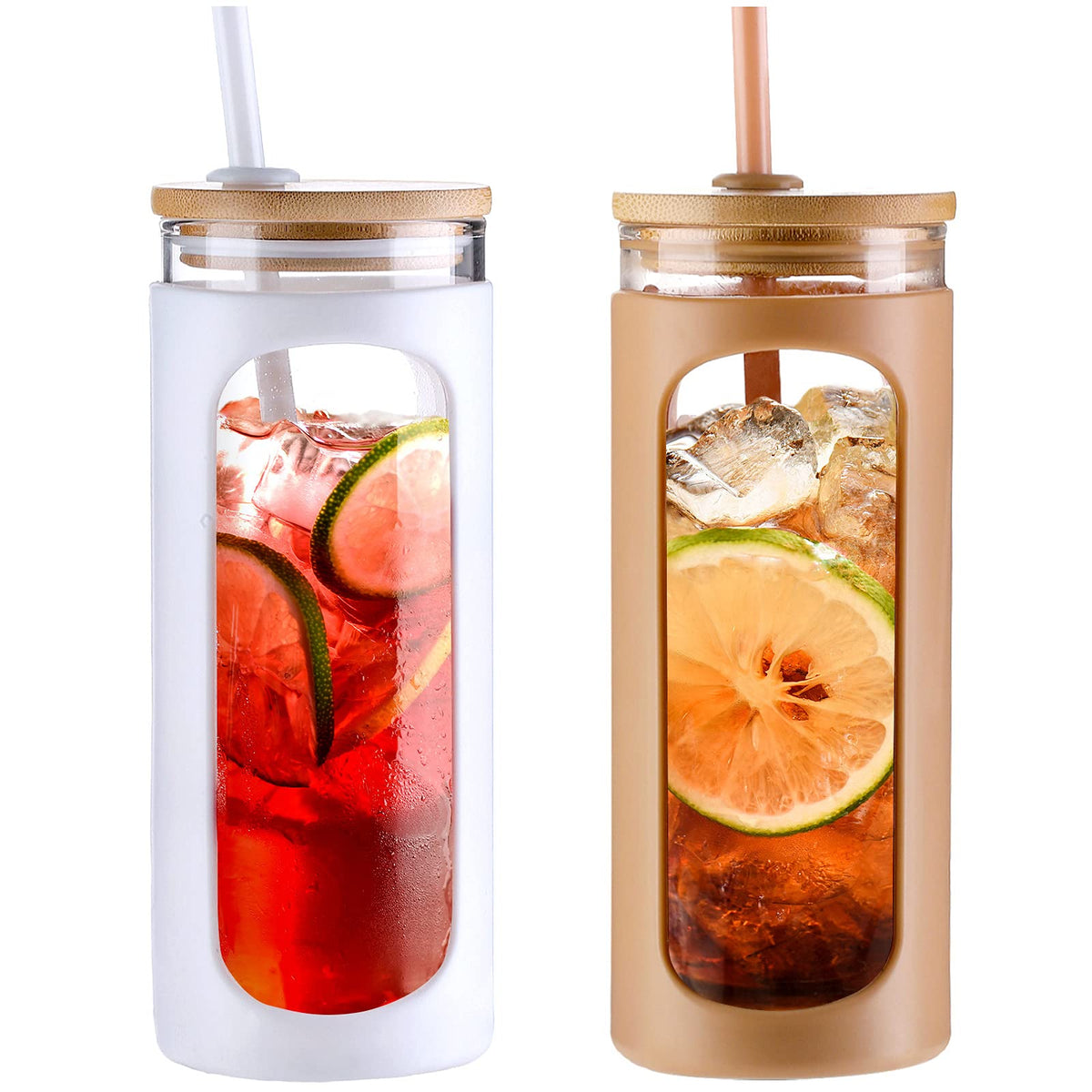 Kodrine 20oz Glass Water Tumbler with Straw and Lid, Bamboo Lids Water Bottle, Iced Coffee Cup Reusable, Wide Mouth Smoothie Cups with Protective Silicone Sleeve BPA FREE-Black