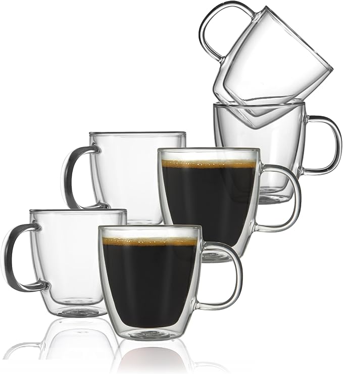 CNGLASS Large Double Wall Glass Coffee Mug 17 oz,Insulated Glass Coffee Cups with Handle,Set of 2