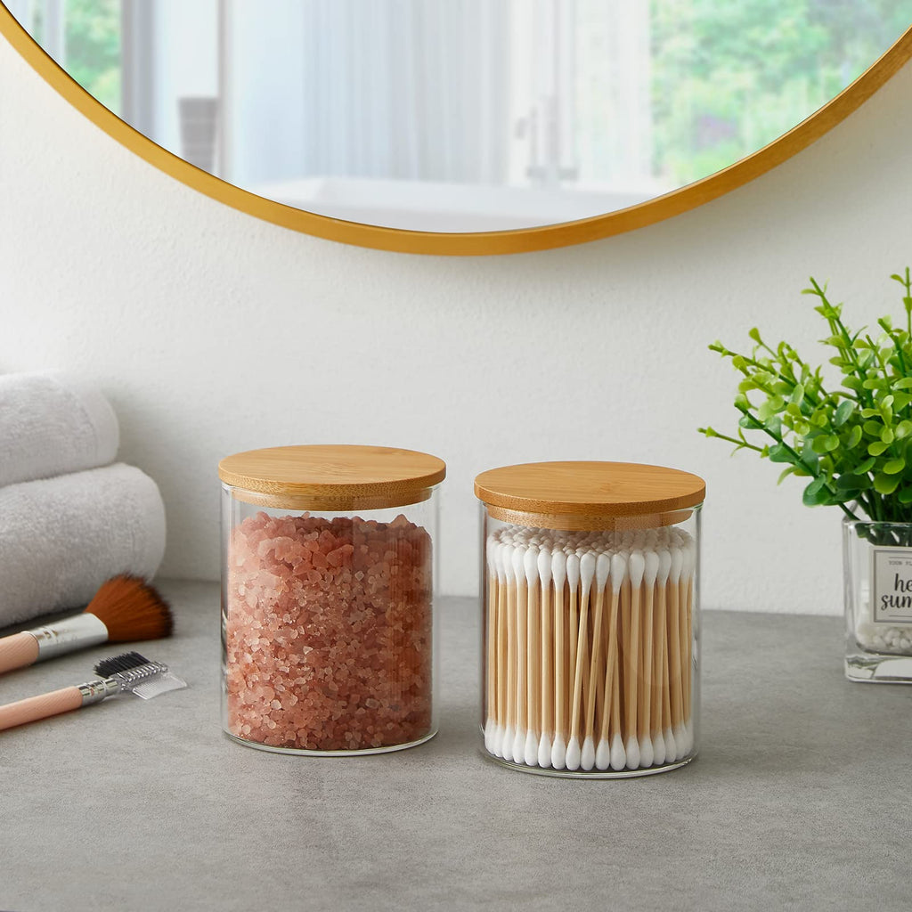 INIUNIK Glass Qtip Holder Dispenser with Bamboo Lid - 2 Pack Apothecary Jars - Cotton Balls Pads Swabs Holder Jar - Bathroom Vanity Canisters Jars for Countertop Storage and Organization
