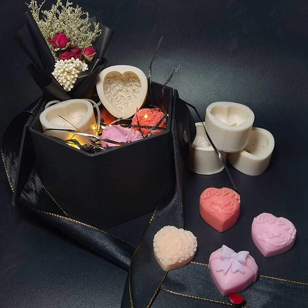 4 Pack Heart Resin Rose Flower Silicone Mold for Candle, Cake, Soap, Candy - Round Shape