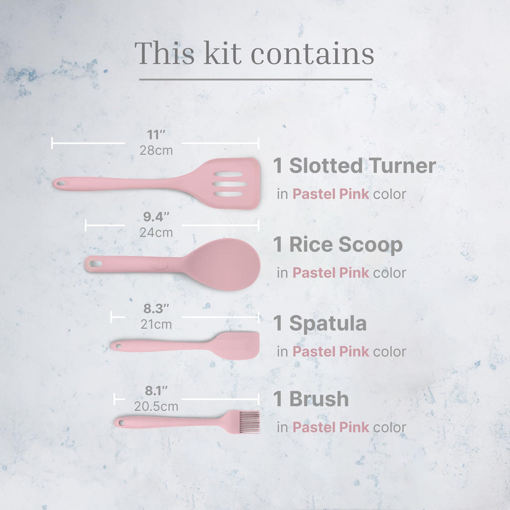 Silicone Utensils 4-Piece Set – Rubber Spatula, Pastry Brush, Slotted Turner, and Rice Paddle – Complete Heat-Resistant Set for Non-Stick Cookware – Kitchen Tools for Cooking and Baking – Pastel Pink