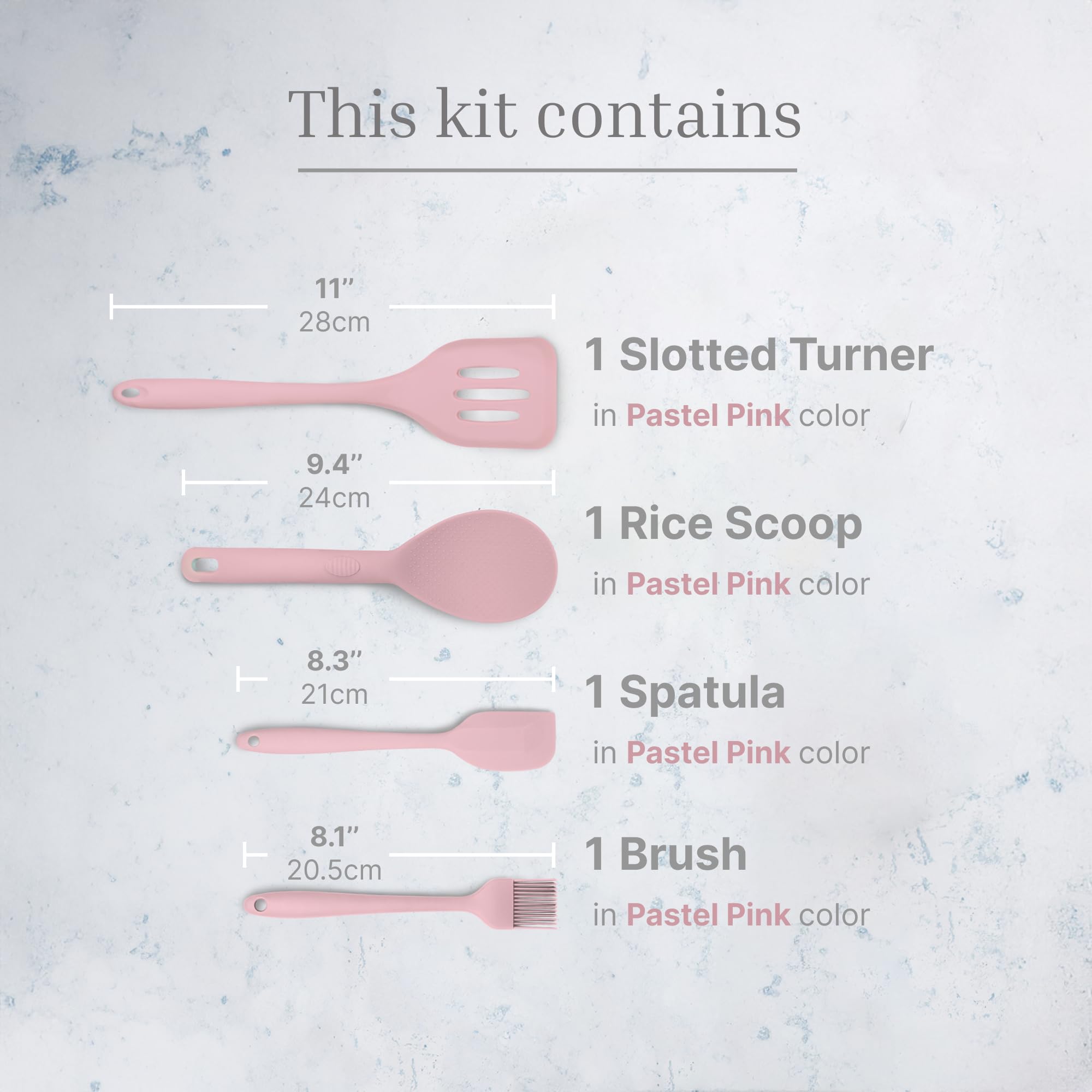 Silicone Utensils 4-Piece Set – Rubber Spatula, Pastry Brush, Slotted Turner, and Rice Paddle – Complete Heat-Resistant Set for Non-Stick Cookware – Kitchen Tools for Cooking and Baking – Pastel Pink