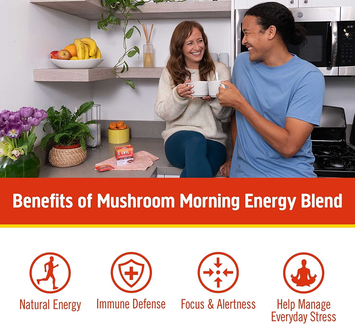 OM MUSHROOM SUPERFOOD Morning Energy Blend – Caffeine-Free Powder with Cordyceps, Lion’s Mane, Rhodiola & Vitamin D2 – Supports Energy, Focus & Endurance – 8.47 oz Canister (30 Servings)