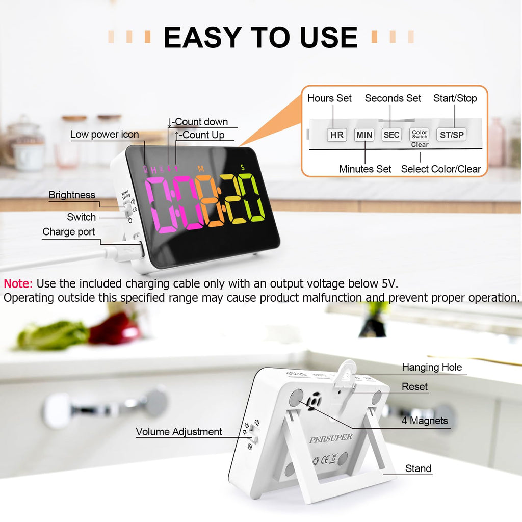 PERSUPER Kitchen Digital Timer, Count Down Up, Rechargeable, Vibration Mode