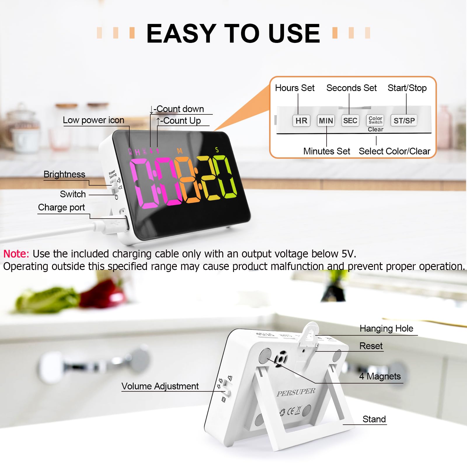 PERSUPER Kitchen Digital Timer, Count Down Up, Rechargeable, Vibration Mode