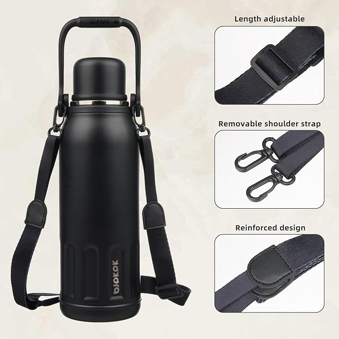 BJPKPK Insulated Water Bottle 50oz Vacuum Insulated Stainless Steel Water Bottles with Handle and Lid Travel Metal Thermos for Outdoor Sports,Black