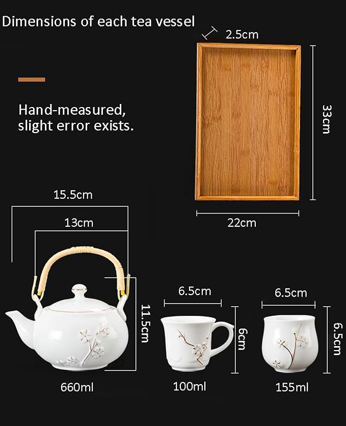 KEYDUACU Japanese Tea Set, White Ceramic Tea Set, Plum Blossom Embossed, Includes 1 Teapot, 6 Anti-scald Teacups,Tea Tray,Strainer, Used for Home, Outdoor, Gift, Chinese Kung Fu Tea Set(FDMH-FT-WHITE)