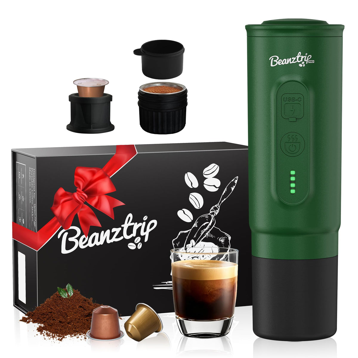 BeanzTrip H02 PRO Portable Espresso Maker, Mini Electric Coffee Maker Compatible with Ground Coffee & NS Capsule, 20 Bar Travel Espresso Machine with Self-Heating for Camping, RV