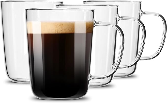 LUXU Glass Coffee Mugs,Clear Tea Cups Set of 4