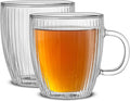 JoyJolt Fluted Glass Coffee Mugs, Double Wall Coffee Mugs. 13.5oz Clear Coffee Mug Set of 2. Latte Glasses, Glass Cappuccino Mugs, Clear Glass Coffee Mug. Ribbed Mugs