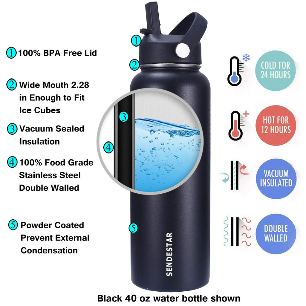 SENDESTAR Stainless Steel Water Bottle, Insulated Water Bottle 40 oz with New Straw Lid or Spout Lid Keeps Liquids Hot or Cold with Double Wall Vacuum Insulated Bottle (Black)