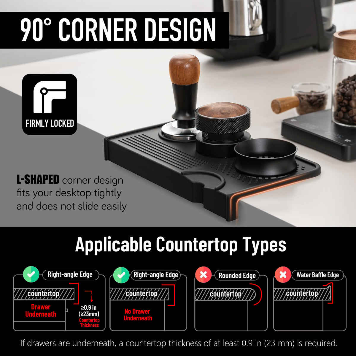 NiRiOLD Espresso Tamping Mat, Coffee Tamper Mat, Food Grade Silicone 10.43″×5.63″ Portafilter Mat for Barista Espresso Machine Acceessories, Waterproof Heat Resistant Tamp Station for counter (Black)