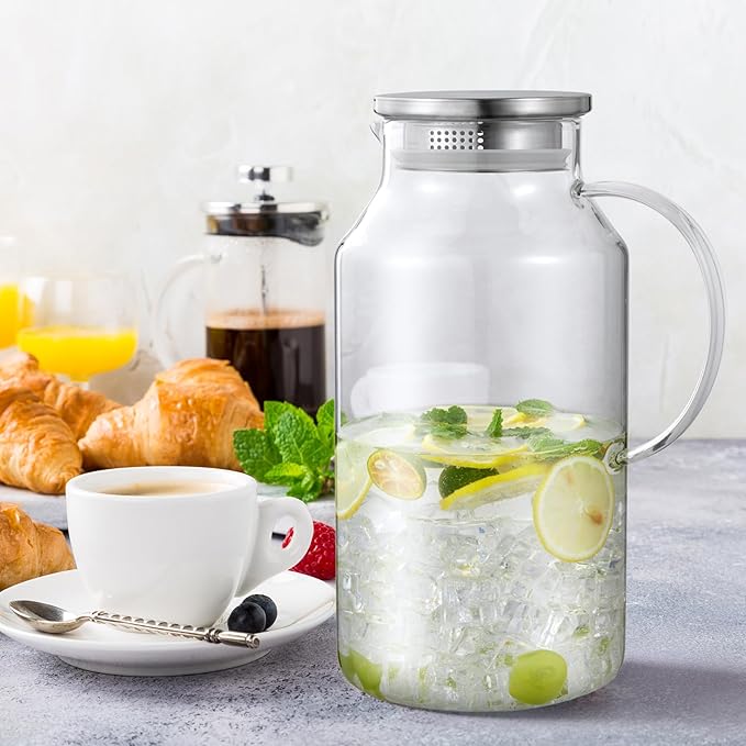 1 Gallon Glass Pitcher with Lid and Spout, Bivvclaz Glass Water Pitcher for Fridge, Glass Carafe for Hot/Cold Water, Iced Tea Pitcher, Large Jug for Coffee, Juice and Homemade Beverage