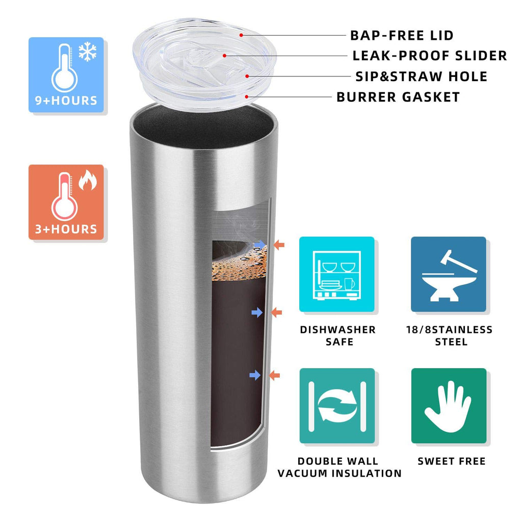 HASLE OUTFITTERS 20 oz Skinny Tumblers Bulk Set, Stainless Steel Insulated Slim Tumblers with Lids Travel Water Cups(Stainless Steel, 8)
