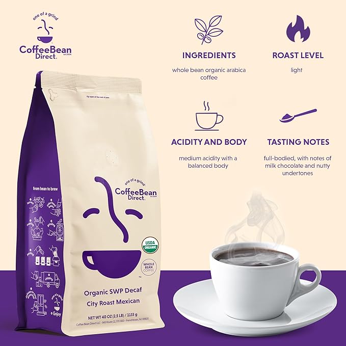 Coffee Bean Direct Organic SWP Decaf City Roast Mexican, Whole Bean Coffee, Medium Roast, 2.5 Pound Bag (Pack of 1)