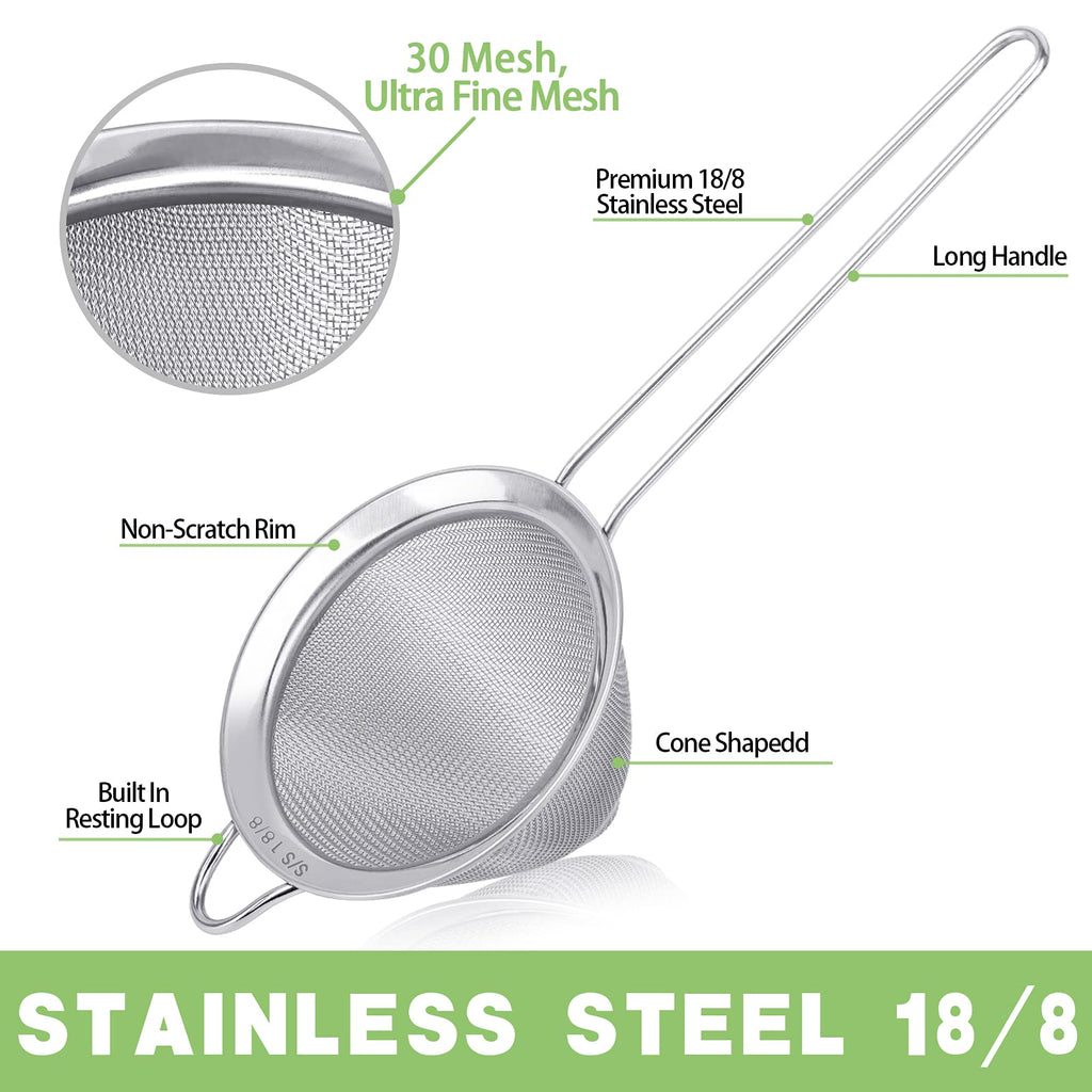 2 Pack Stainless Steel 18/8 Small Food Strainer, Fine Mesh Sieve with Long Handle, Cocktail Strainer For Cocktails, Tea Herbs, Coffee & Drinks, Rust Proof & Great as Tea Strainer, 3.5inch