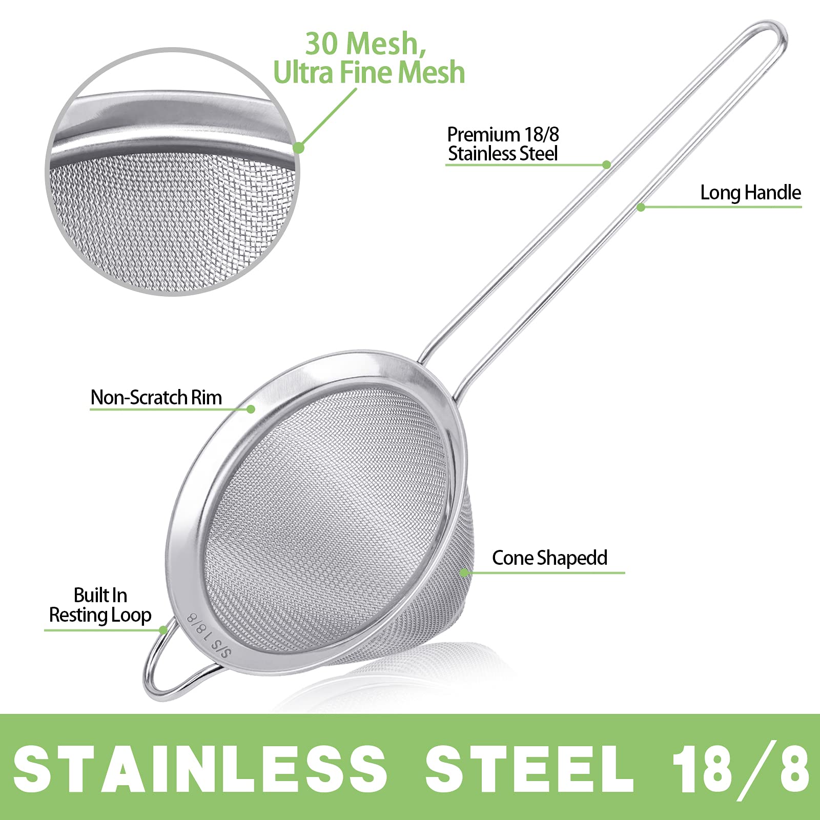 2 Pack Stainless Steel 18/8 Small Food Strainer, Fine Mesh Sieve with Long Handle, Cocktail Strainer For Cocktails, Tea Herbs, Coffee & Drinks, Rust Proof & Great as Tea Strainer, 3.5inch