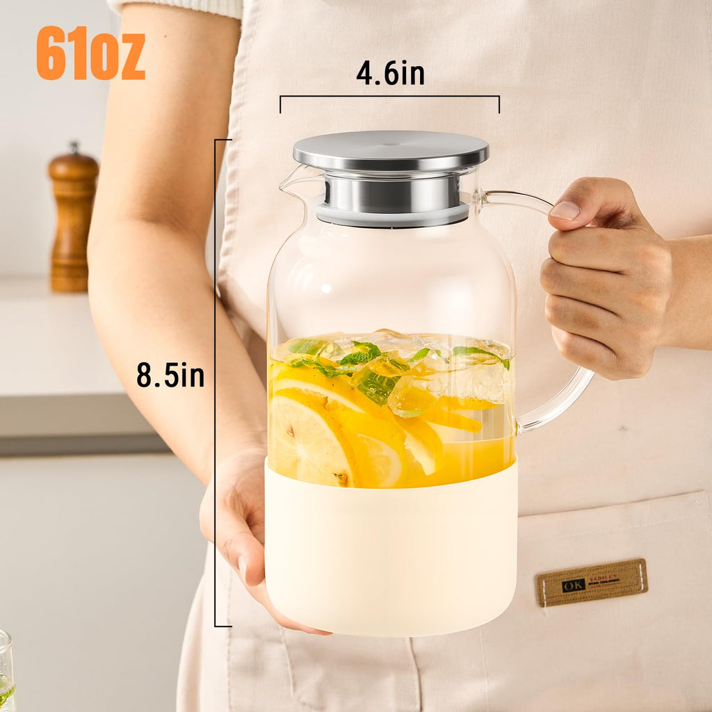PARACITY Glass Pitcher with Lid, 61 oz Glass Water Pitcher, Off-White Base