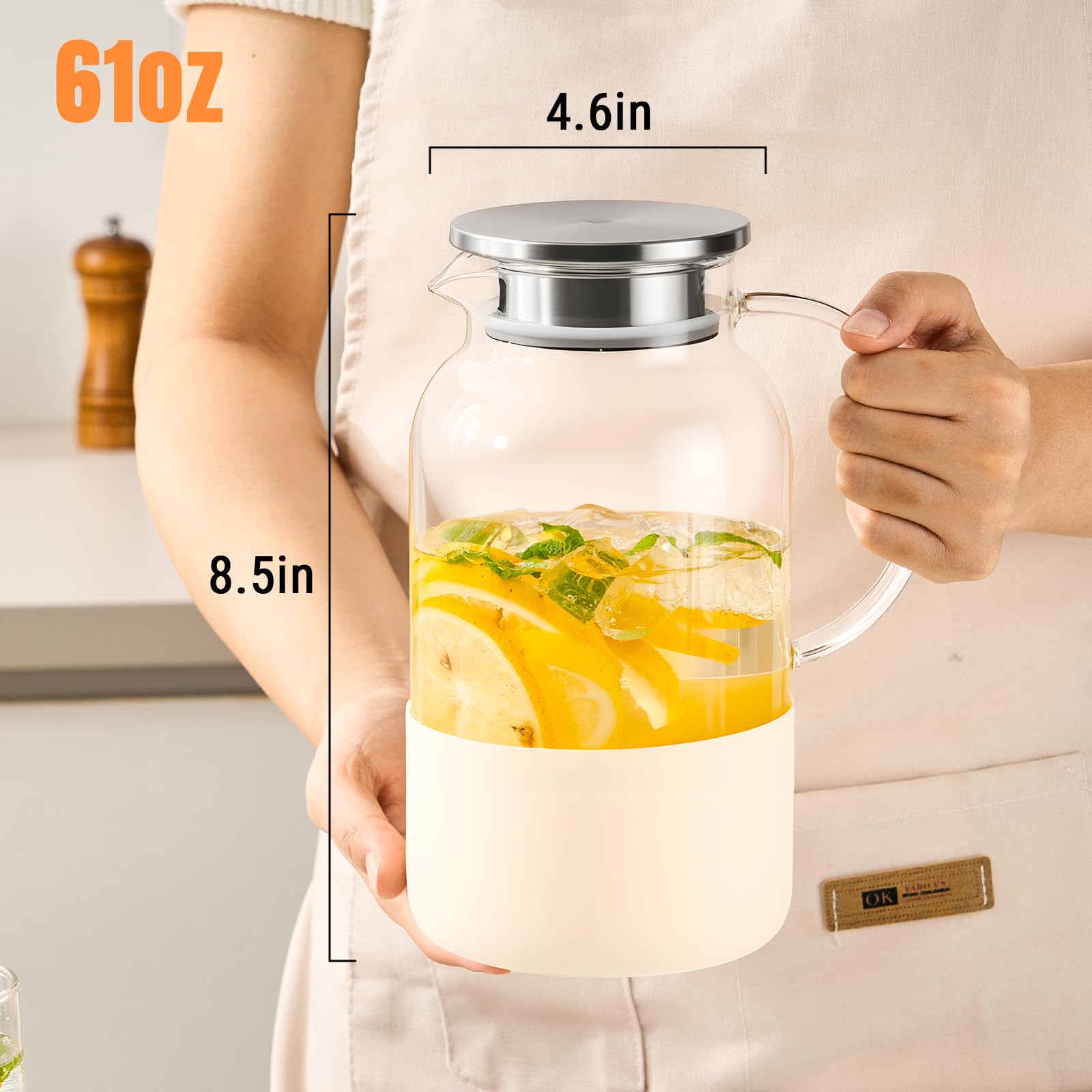 PARACITY Glass Pitcher with Lid, 61 oz Glass Water Pitcher, Off-White Base