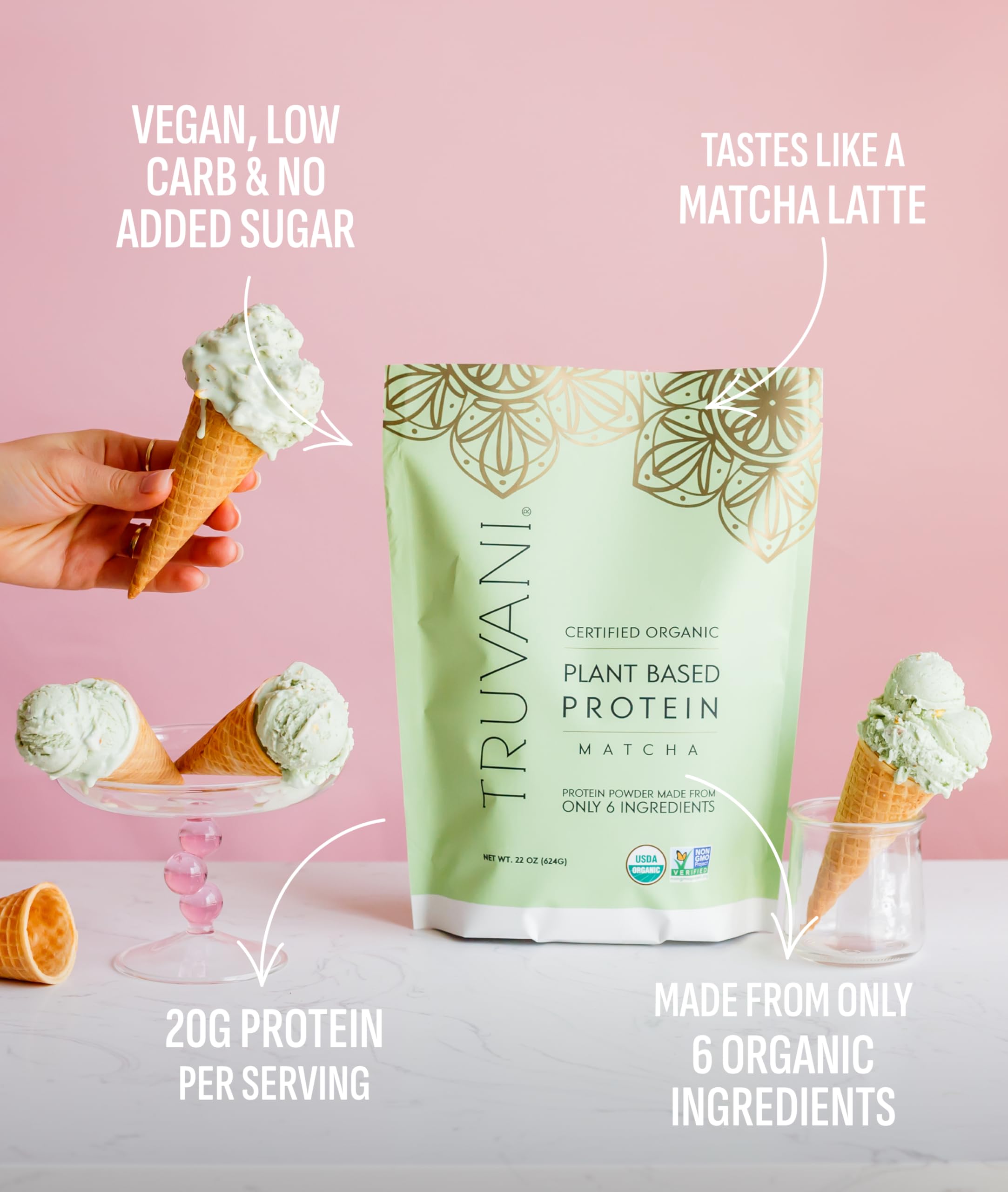 Truvani Organic Plant Based Protein Powder | Matcha | 1 Serving