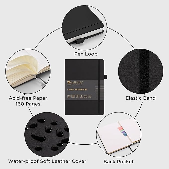 &And Per Se Lined Journal Notebook (5 Packs), 160 Pages, A5 5.7 x 8 inches College Ruled Thick Paper Notebook Journals for Writing, Hardcover Notebooks for Women Men Office School (Black)