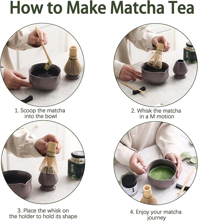Matcha Set, Japanese Tea Set Includes Matcha Bowl with Spout, Matcha Whisk Holder (chasen), Bamboo Matcha Whisk and Bamboo Scoop, Ceramic Matcha Kit for Tea Lovers