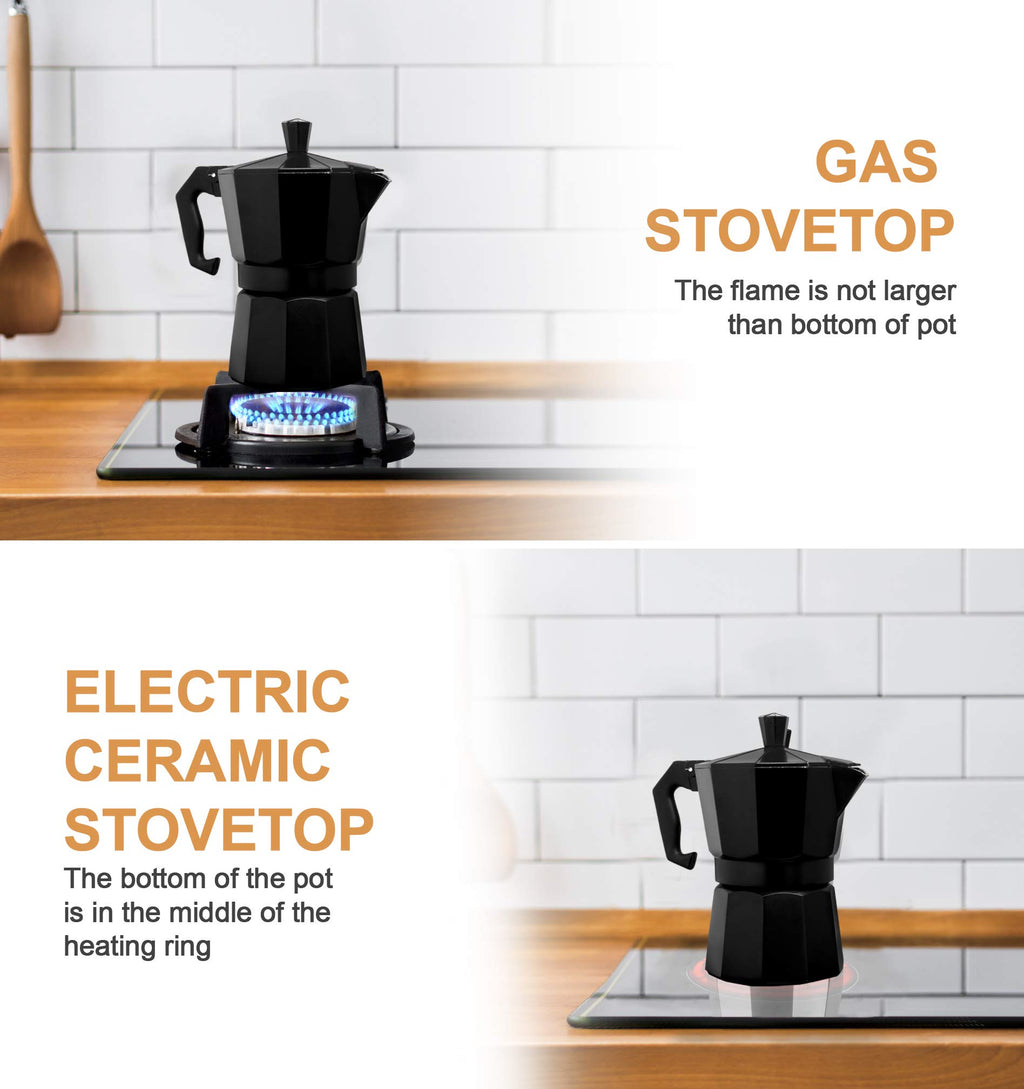 Mixpresso Black 3 Cup Moka Pot Cuban Coffee Maker, Moka Pot for Gas, Electric Stove Top, Classic Italian Coffee Maker, Stovetop Espresso Maker, Camping Pot Makes 3 Espresso Cup 5 Oz - Mug 4.4 Oz